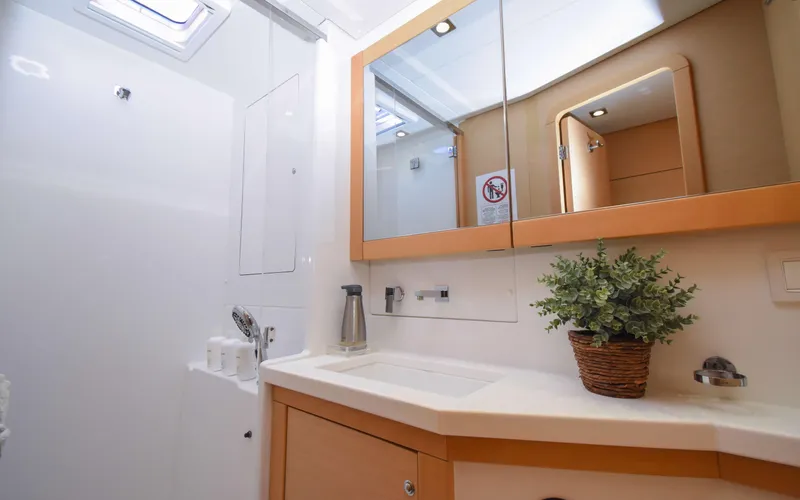 Slide: The Image of Modern bathroom interior on a 2015 Lagoon 450F yacht, featuring a mirror and potted plant. - 43