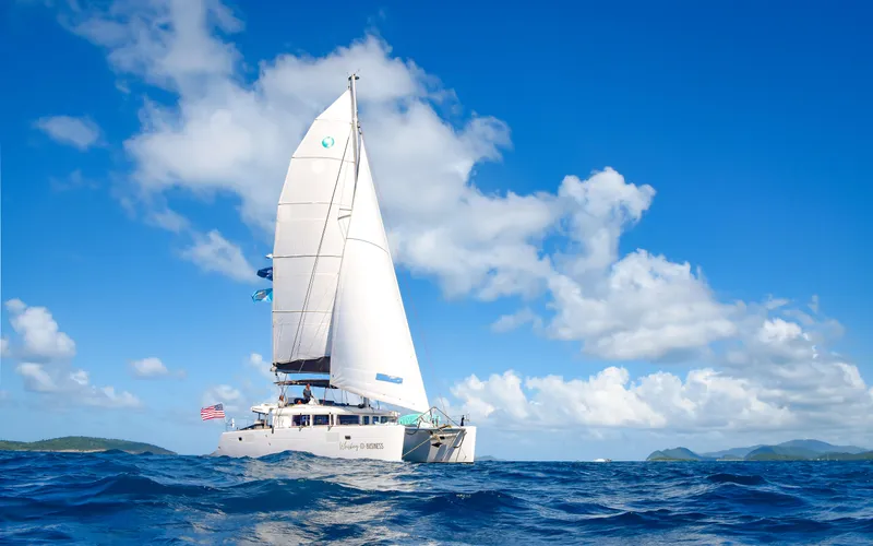Slide: The Image of 2015 Lagoon 450F catamaran sailing on open sea under clear blue sky. - 5