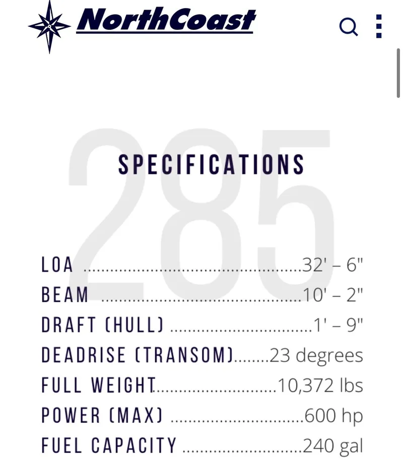 Slide: The Image of NorthCoast 285 HT 2025 specifications: 32'6" LOA, 10'2" beam, 600 hp, 240 gal fuel. - 17
