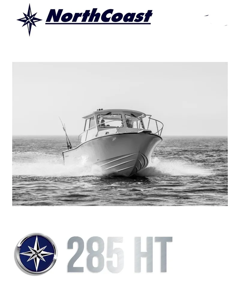 Slide: The Image of 2025 NorthCoast 285 HT boat cruising on open water, monochrome image. - 18