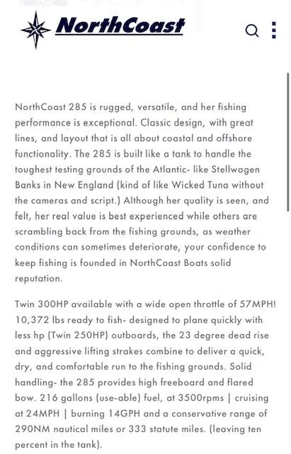 Slide: The Image of NorthCoast 285 HT 2025 boat description highlighting rugged design and exceptional fishing performance. - 19