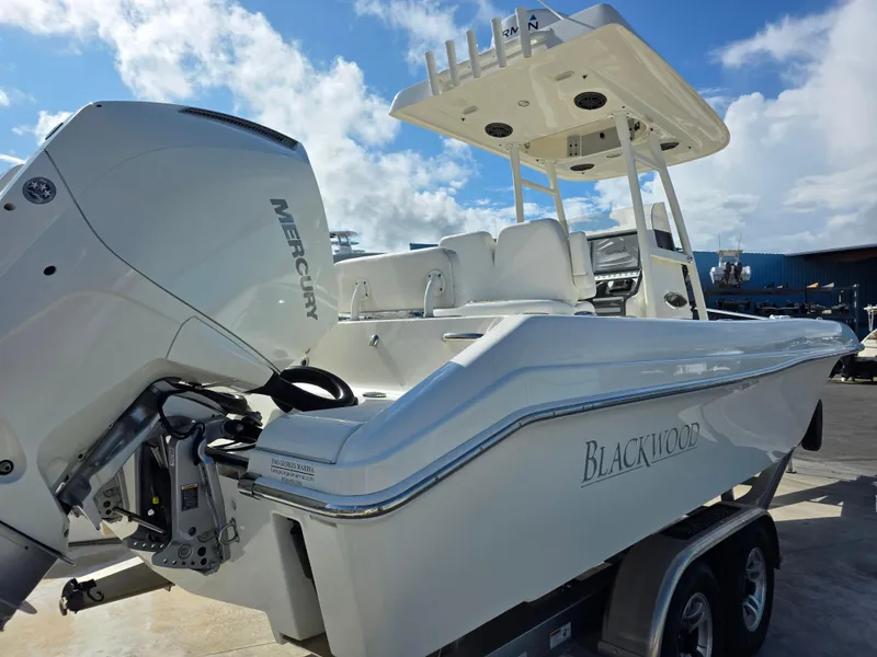 Slide: The Image of 2021 Blackwood 27 boat with Mercury engine, parked on a trailer under a blue sky. - 6