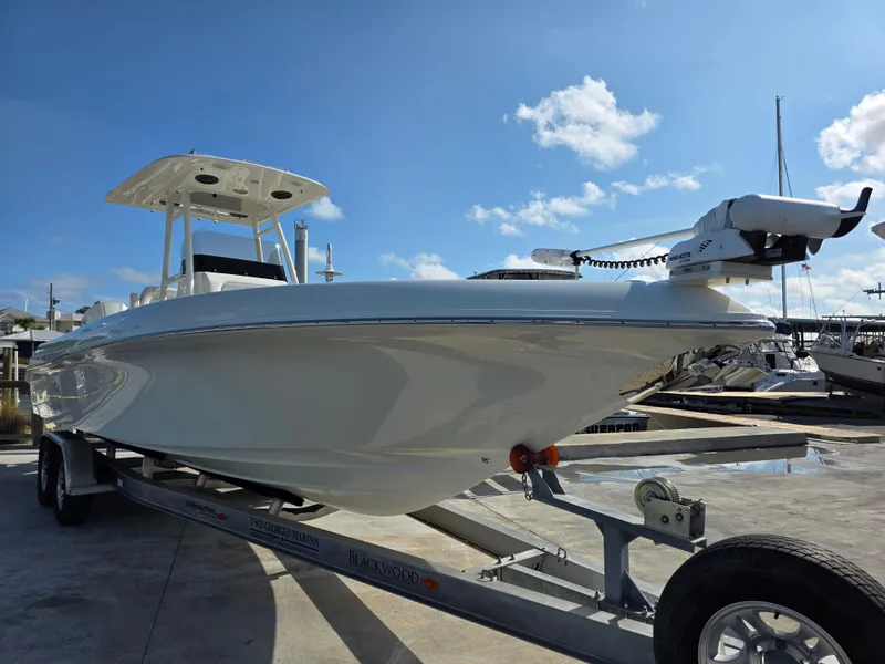 Slide: The Image of 2021 Blackwood 27 boat on trailer under clear blue sky at marina. - 8