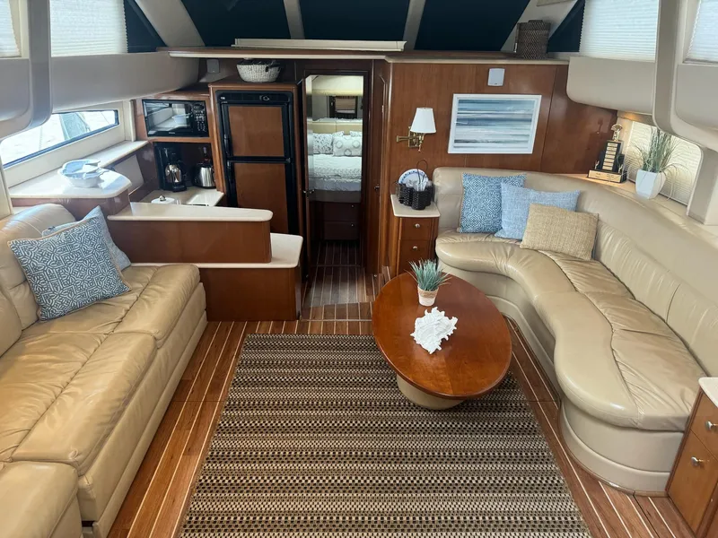 Slide: The Image of Luxurious 2005 Meridian 459 Motoryacht interior with leather seating and elegant decor. - 13