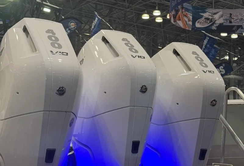 Slide: The Image of Triple Mercury outboard engines on a 2025 Cape Horn 36 XS boat. - 5