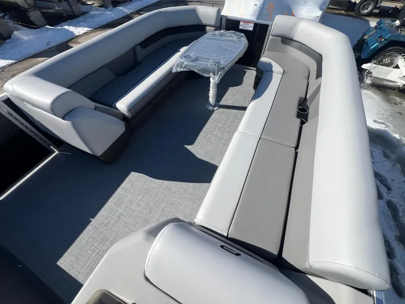 Slide: The Image of 2025 Princecraft Vectra 25 RL pontoon boat with spacious seating and table. - 7