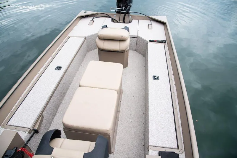 Slide: The Image of 2025 SeaArk 1652 Crappie boat with Tohatsu 25 HP outboard motor displayed indoors. - 4