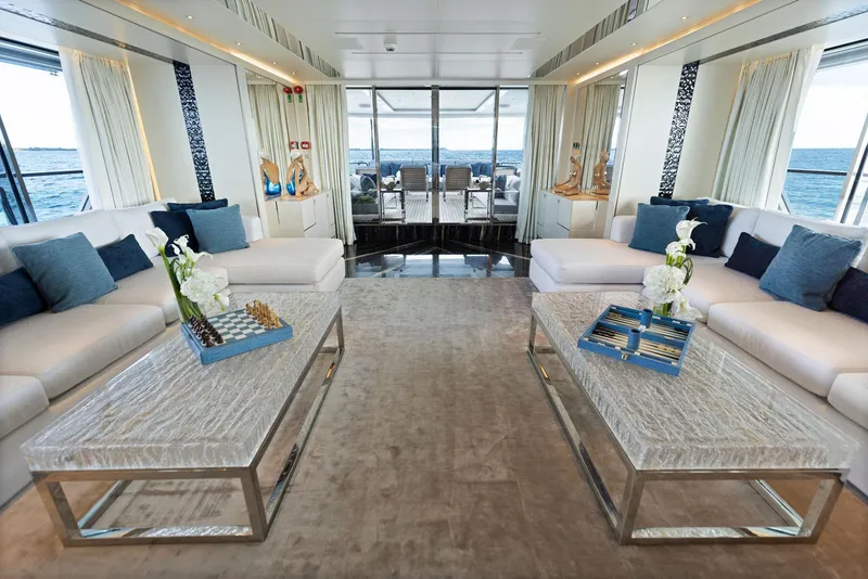 Slide: The Image of Luxurious interior of 2019 Bilgin 156 yacht with elegant seating and ocean view. - 11