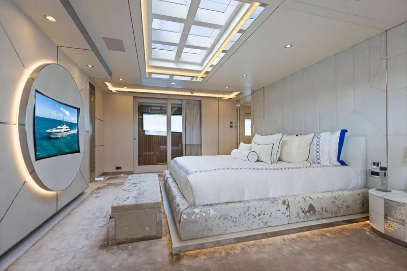 Slide: The Image of Luxurious bedroom interior on Bilgin 156 yacht, featuring modern design and elegant furnishings. - 17