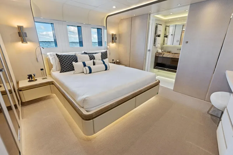 Slide: The Image of Luxurious Bilgin 156 yacht bedroom interior, featuring elegant design and ocean views. - 21
