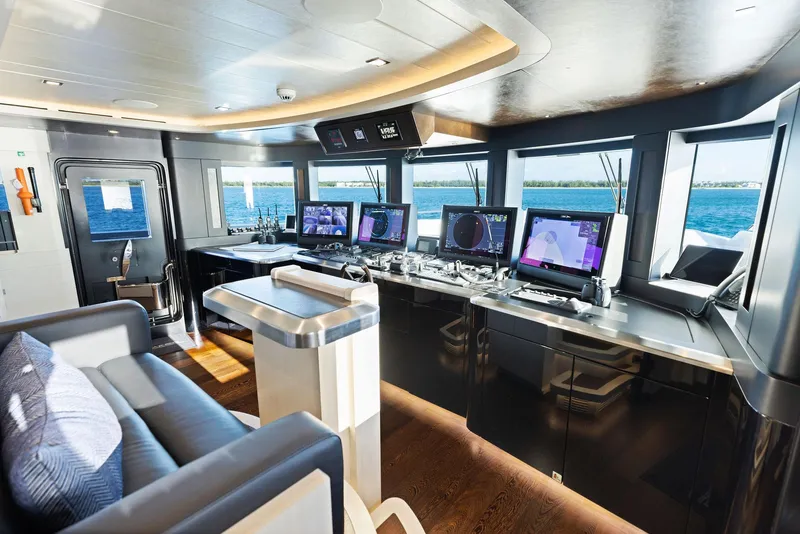 Slide: The Image of Luxurious interior of 2019 Bilgin 156 yacht with modern navigation equipment and panoramic windows. - 32