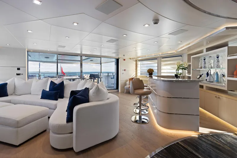 Slide: The Image of Luxurious interior of 2019 Bilgin 156 yacht with modern seating and elegant bar area. - 34