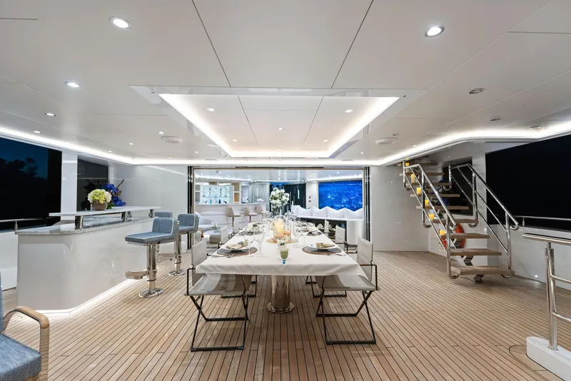 Slide: The Image of Luxurious dining area on 2019 Bilgin 156 yacht, featuring elegant table settings and modern design. - 42