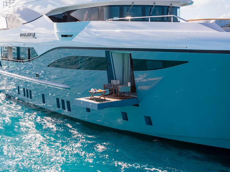 Slide: The Image of Luxurious Bilgin 156 yacht, 2019 model, with elegant balcony over turquoise water. - 5