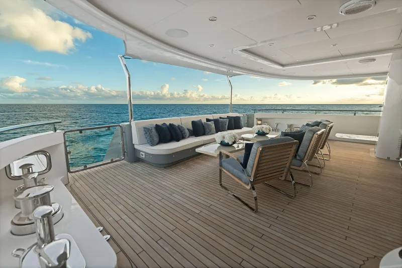 Slide: The Image of Luxurious Bilgin 156 yacht deck with elegant seating, ocean view, and modern design, 2019 model. - 7