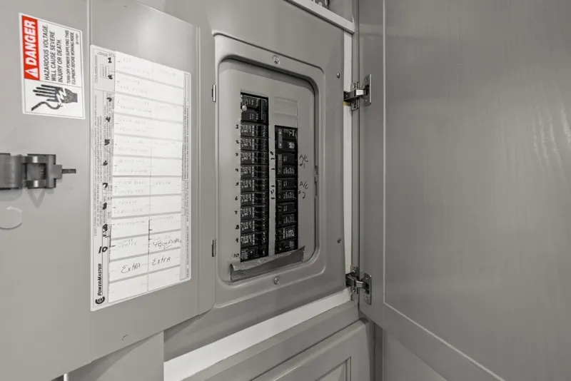 Slide: The Image of Electrical panel inside 1998 Stardust Cruisers Custom Luxury Houseboat, featuring circuit breakers and safety warnings. - 30