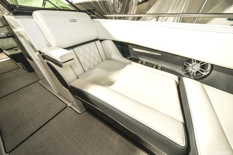 Slide: The Image of Luxurious seating in 2021 Regal 2800 Bowrider boat with elegant upholstery and speaker detail. - 40