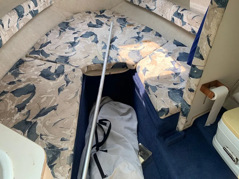 Slide: The Image of Interior cabin of 2000 Sea Ray 215 Express Cruiser with patterned cushions and blue carpet. - 9