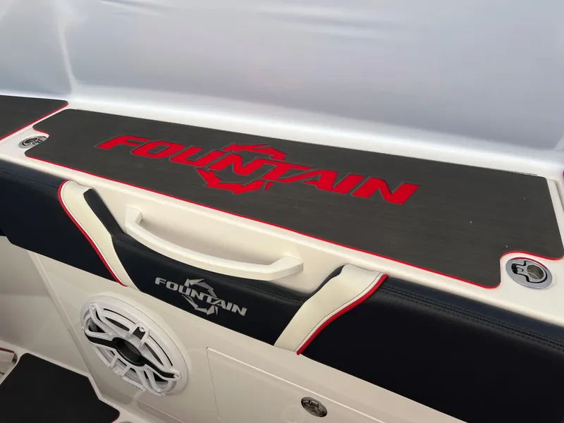 Slide: The Image of 2025 Fountain 38 SCX boat interior with branded seating and speaker. - 43