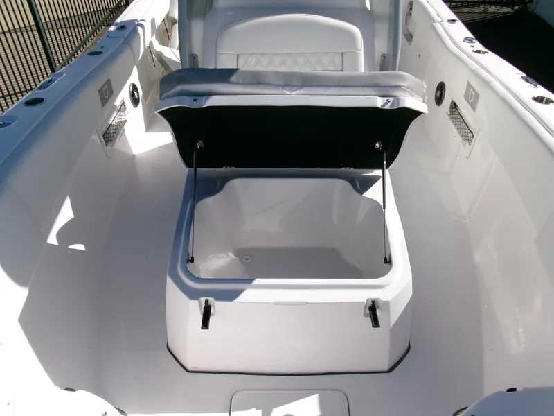 Slide: The Image of 2025 Sea Fox 268 Commander boat interior with open storage compartment. - 13