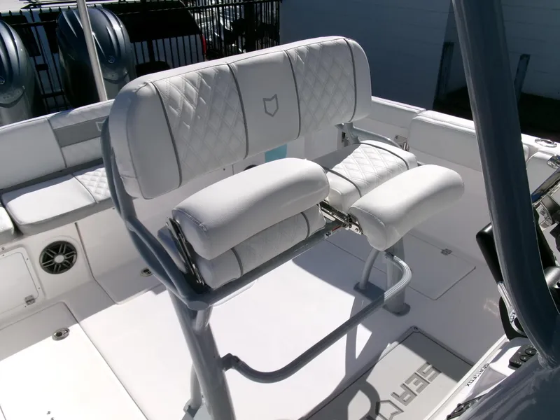 Slide: The Image of 2025 Sea Fox 268 Commander boat seating with white cushioned upholstery. - 26