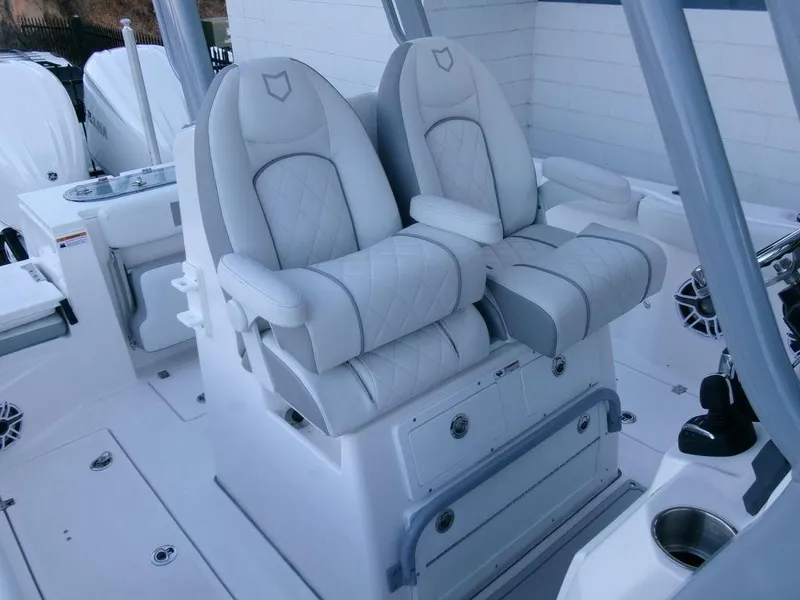 Slide: The Image of 2025 Sea Fox 288 Commander boat seats, featuring luxurious white upholstery and modern design. - 30