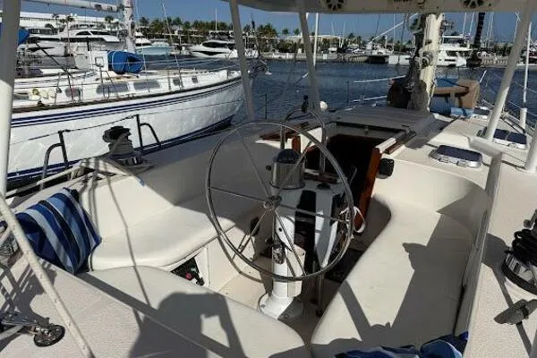 Slide: The Image of Cockpit of 1989 Catalina Morgan 440 sailboat docked in marina. - 17