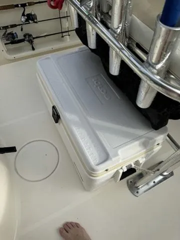 Slide: The Image of 2023 Bulls Bay 200CC boat deck with cooler and fishing rod holders. - 20