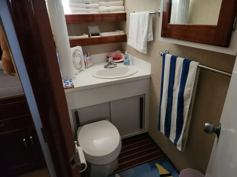 Slide: The Image of 1971 Whiticar Sportfish bathroom with sink, toilet, and striped towel. - 23