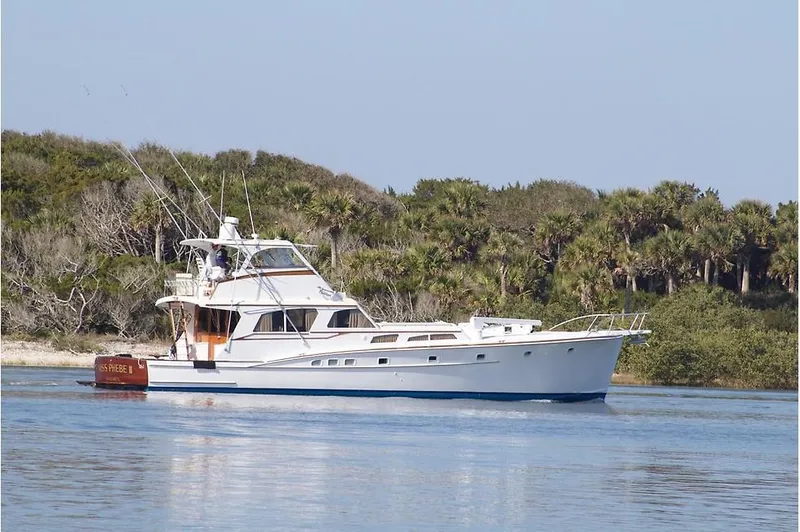 Slide: The Image of 1971 Whiticar Sportfish yacht cruising near a lush, tree-lined shoreline. - 3