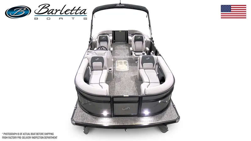 Slide: The Image of 2025 Barletta ARIA 22QC pontoon boat, spacious seating, elegant design, American flag. - 7