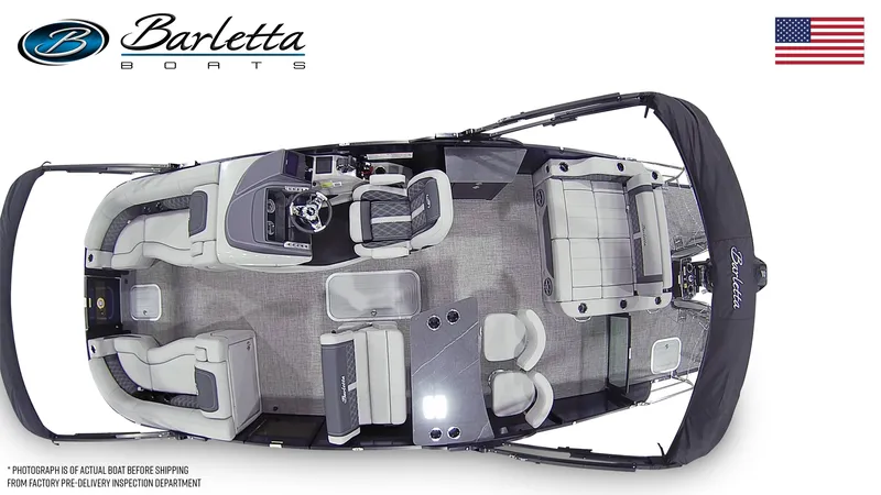 Slide: The Image of 2025 Barletta Lusso 25UE pontoon boat interior, featuring luxurious seating and modern design. - 4