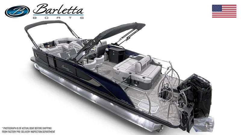 Slide: The Image of 2025 Barletta Lusso 25UE pontoon boat with luxurious seating and Mercury outboard motor. - 5