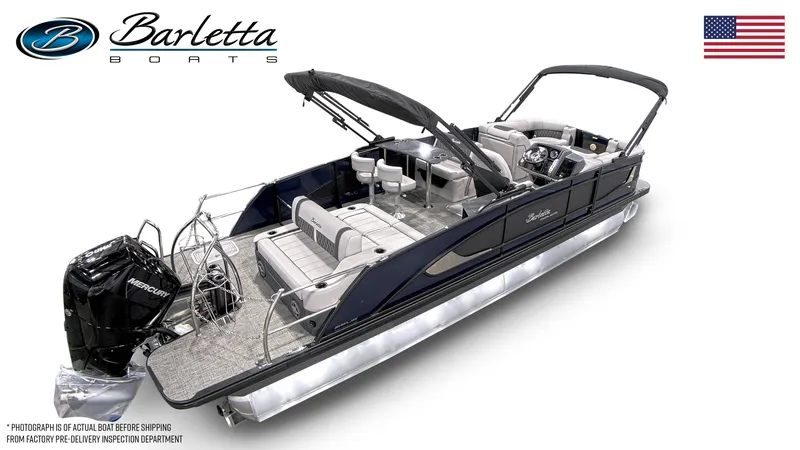 Slide: The Image of 2025 Barletta Lusso 25UE pontoon boat with sleek design and Mercury engine. - 6
