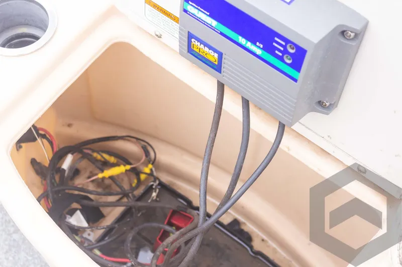 Slide: The Image of Electrical wiring and battery charger in 2015 Sun Tracker Fishin' Barge 22 DLX boat. - 19