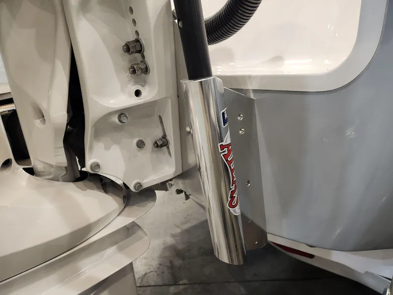 Slide: The Image of 2025 Sportsman Masters 267OE Bay Boat engine mount detail with stainless steel components. - 21