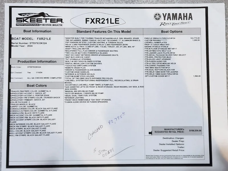 Slide: The Image of 2024 Skeeter FXR21LE boat features and options sheet with pricing details. - 10