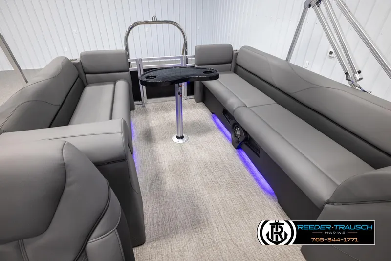 Slide: The Image of Luxurious 2025 Avalon VLS QL boat interior with gray seating and ambient lighting. - 23