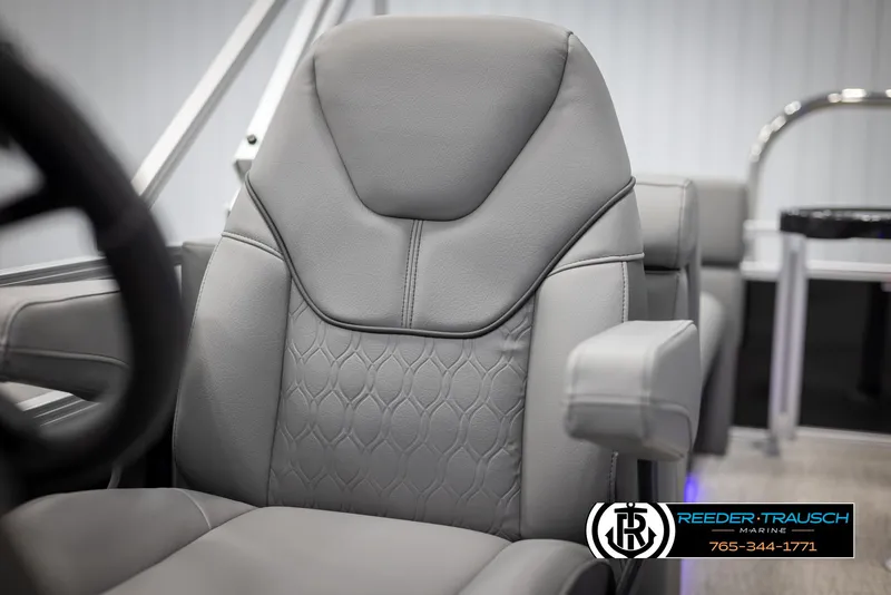 Slide: The Image of Luxurious gray seat of 2025 Avalon VLS QL boat, featuring elegant stitching and armrest. - 37