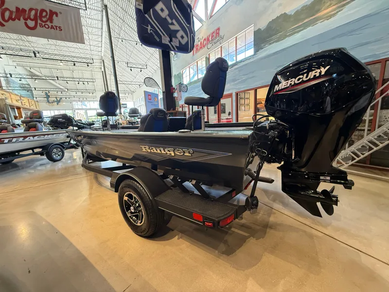 Slide: The Image of 2025 Ranger RT178 boat with Mercury engine displayed in showroom. - 1