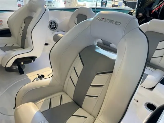 Slide: The Image of 2019 Nitro Z19 Sport boat interior with stylish gray and white seats. - 3