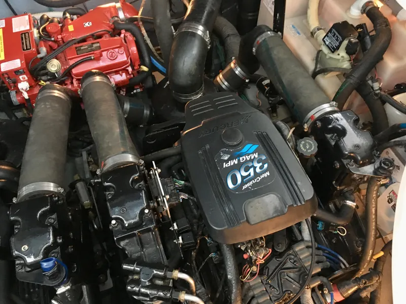 Slide: The Image of Engine compartment of a 2002 Sea Ray 320 Sundancer with MerCruiser 350 MPI engine. - 29