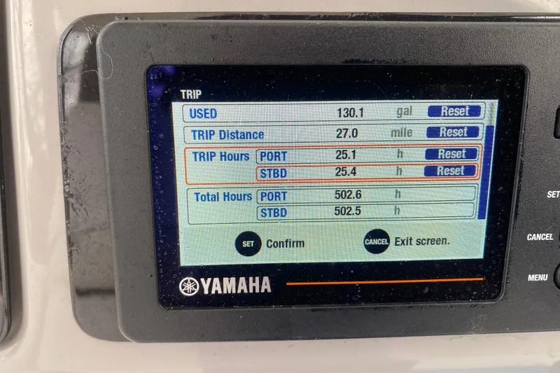 Slide: The Image of Yamaha display showing trip data on a 2020 Robalo R272 Center Console boat. - 35