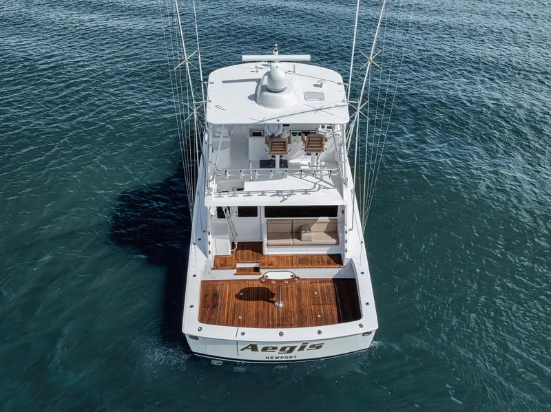 Slide: The Image of 2009 Viking 54 Convertible yacht on open water, aerial view. - 16