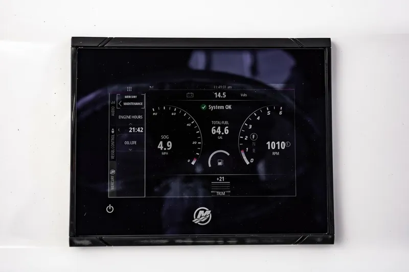 Slide: The Image of Digital dashboard display of 2024 Xcelerator Boatworks 26, showing engine metrics and system status. - 22
