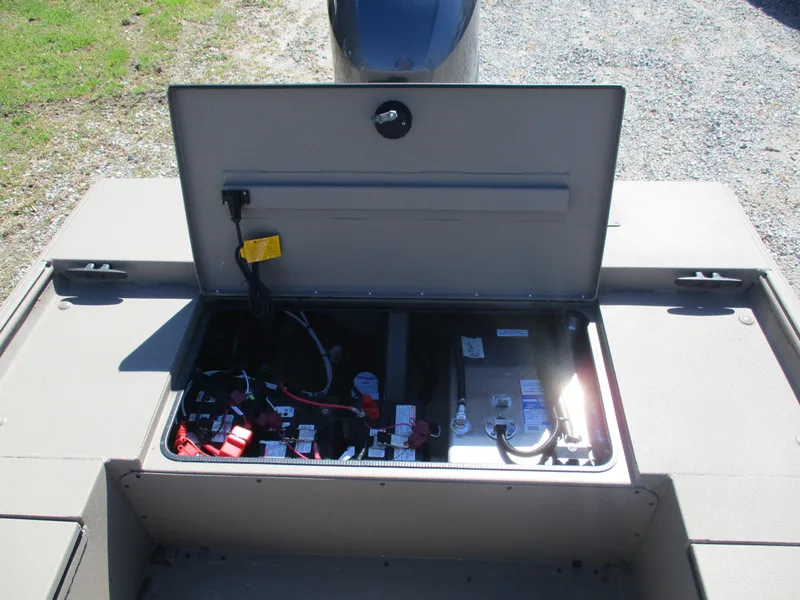 Slide: The Image of 2025 Alweld 1752PF boat storage compartment with wiring and battery setup. - 10