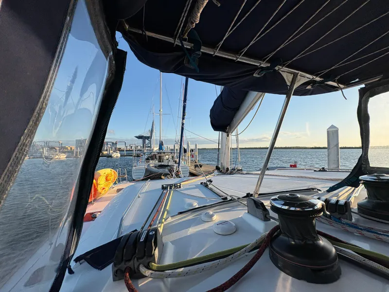 Slide: The Image of Lagoon 400 catamaran docked at marina, view from cockpit, 2012 model. - 26