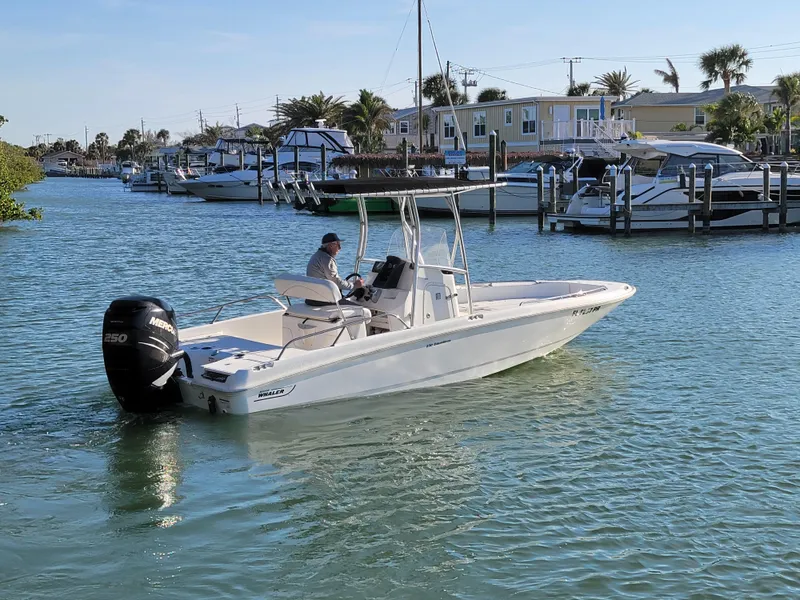 Slide: The Image of 2013 Boston Whaler 230 Dauntless boat cruising in a marina with palm trees. - 11