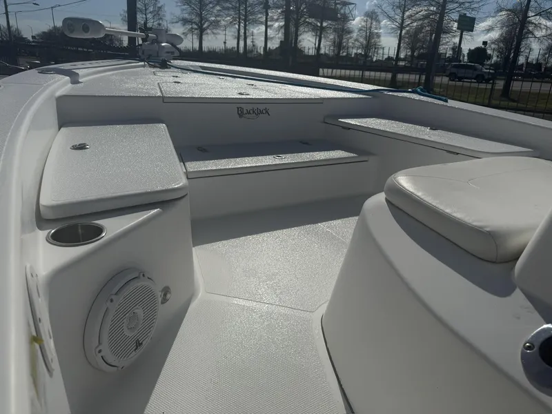 Slide: The Image of 2013 BlackJack 224 boat interior with seating and speaker, under clear sky. - 11