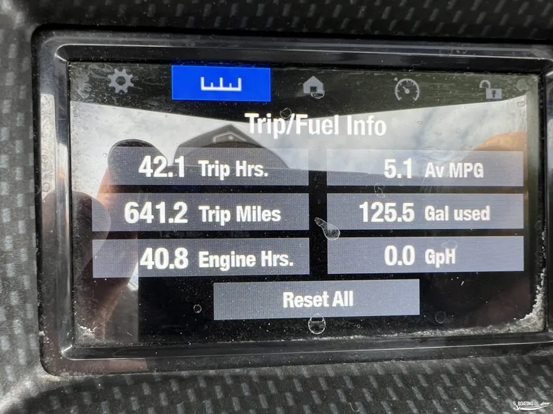 Slide: The Image of Yamaha WaveRunner 2021 dashboard showing trip and fuel information, including hours, miles, and MPG. - 12